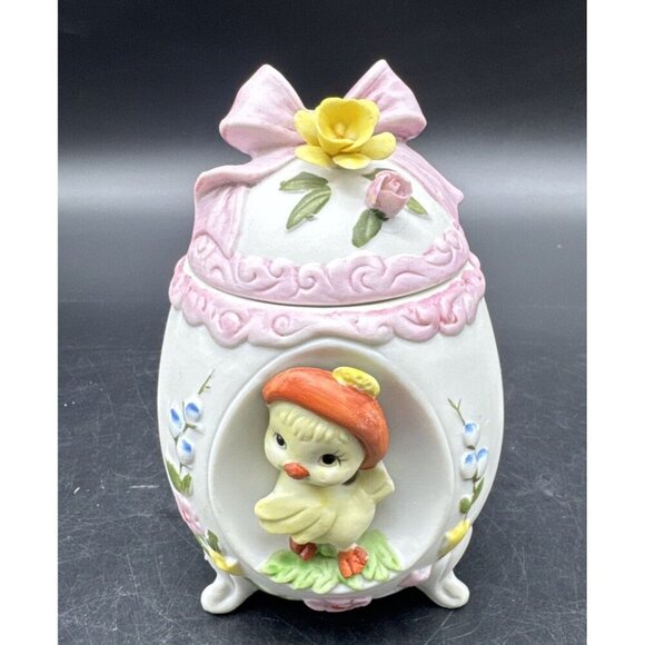 VTG Lefton Bisque Porcelain Yellow Chick Footed Egg Lidded Easter Box Trinket - Picture 1 of 10